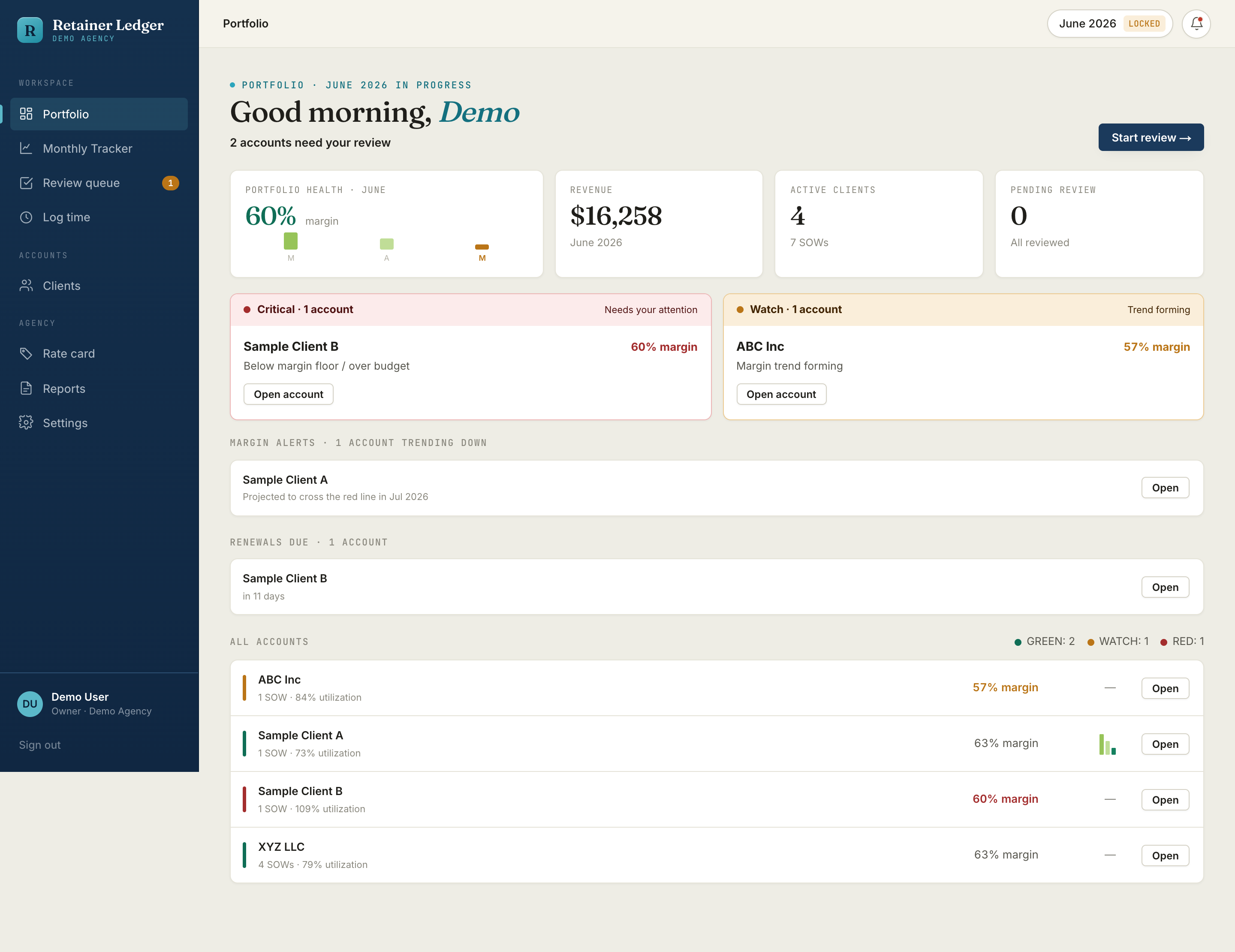 RetainerLedger portfolio dashboard